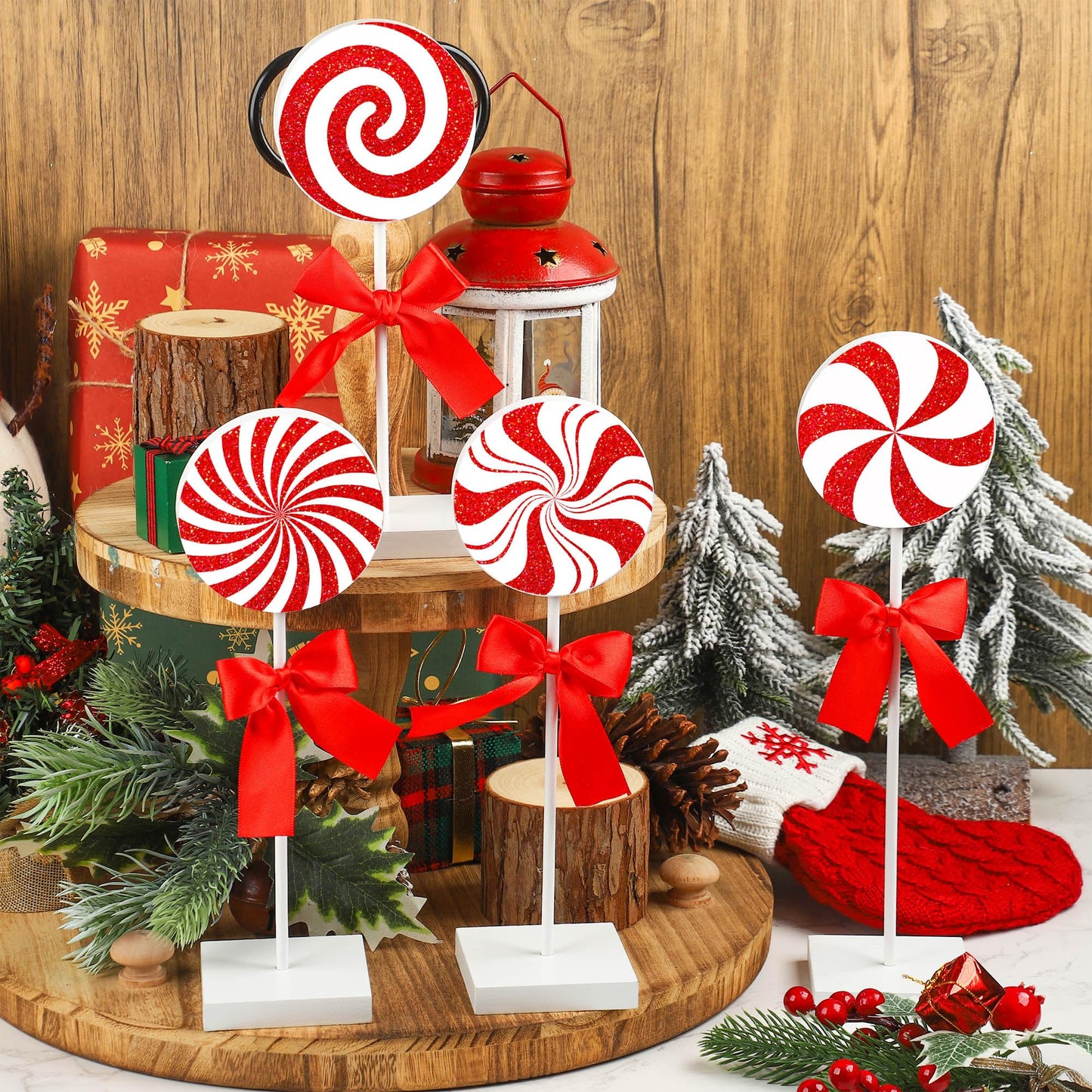 Christmas Wood Tabletop Decor Candy Standing Wooden Table Sign Red Christmas Tiered Tray Decor Rustic Xmas Candy Centerpieces for Xmas Holiday Party Home Kitchen Decors, 4 Pcs