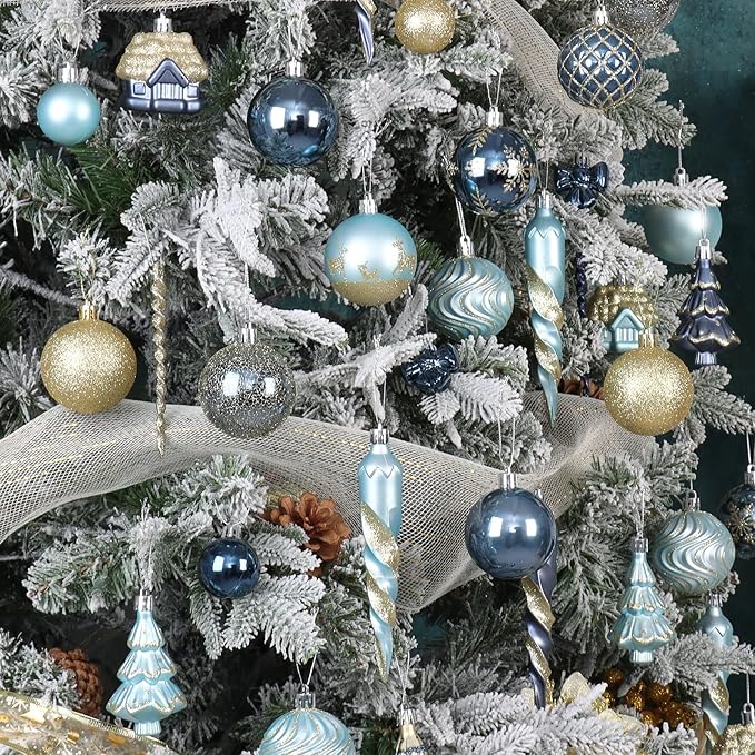 124Ct Blue and Gold Christmas Tree Ornaments Set, Shatterproof Assorted Christmas Decorations for Xmas Tree Snowflake Icicle House Ball Ornaments Baubles for Holiday Party Decor（Blue & Gold）