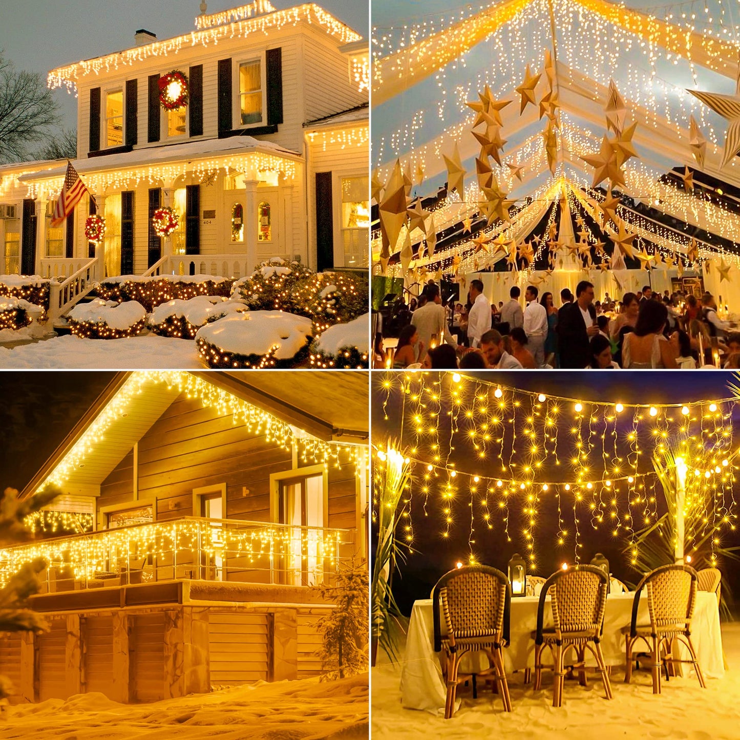 Hopolon 33FT 360L LED Christmas Icicle Lights Outdoor Waterproof,8 Modes Plug in Curtain String Lights with 60 Drops for Wedding, Party, Bedroom, Home, Garden, Wall Decorations(Warm White)