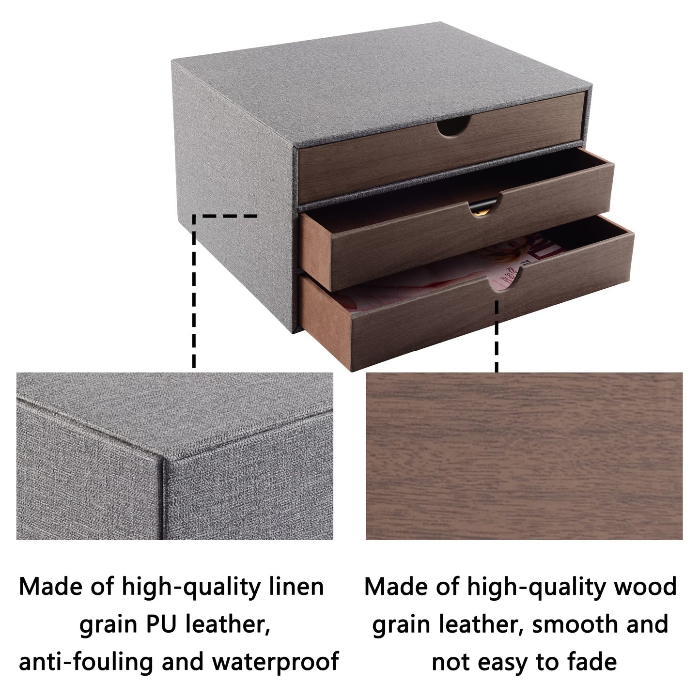 RHCSZ Cloth-effect Faux Leather Desk Organizer File Cabinet Executive Office Supplies Desktop Filing A4 Contract Document Stackable Storage Box with 3 Drawers (Grey)