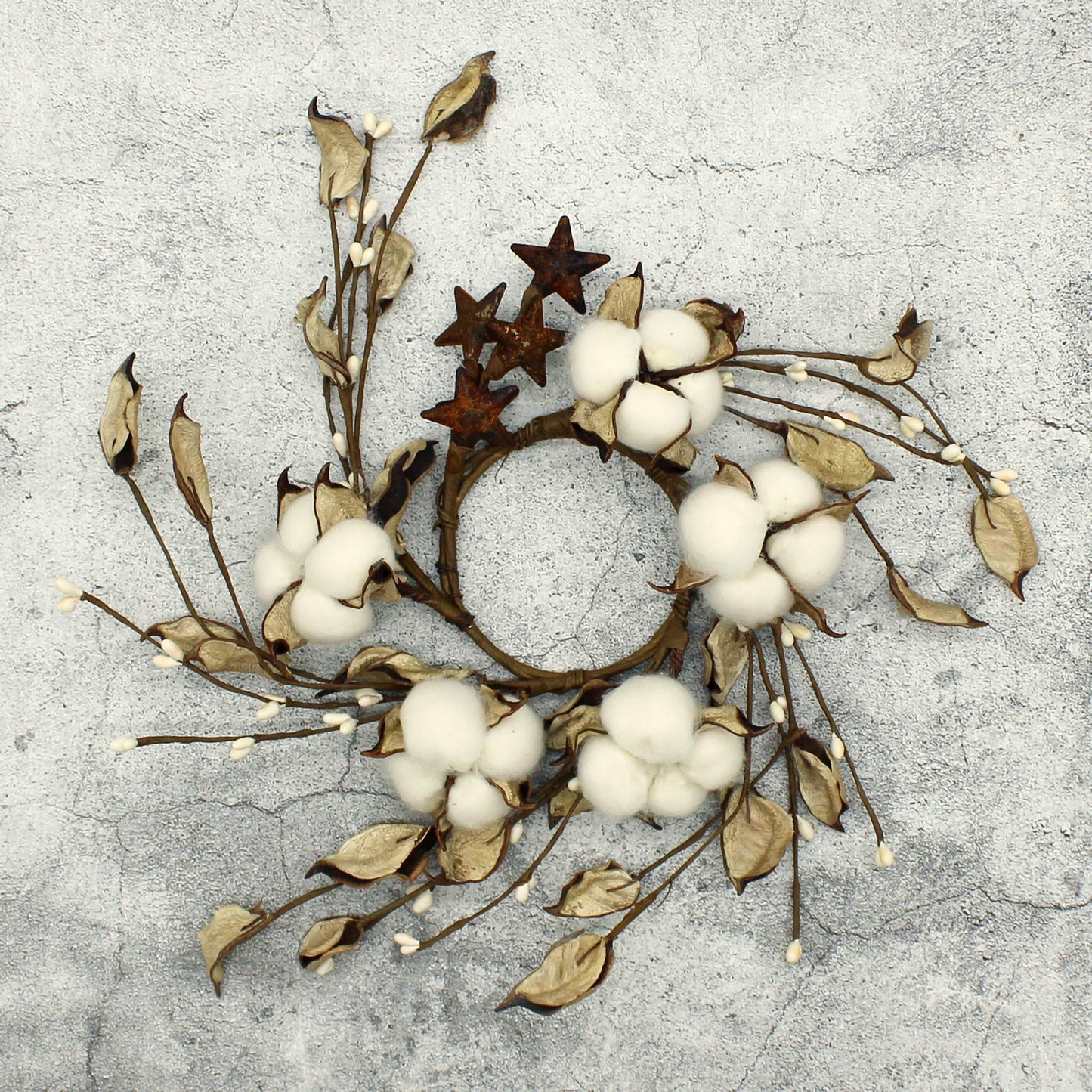 CVHOMEDECO. Primitives Rustic Pod Pip Berries and Autumn Leaves with Rusty Barn Stars Wreath, 9-Inch