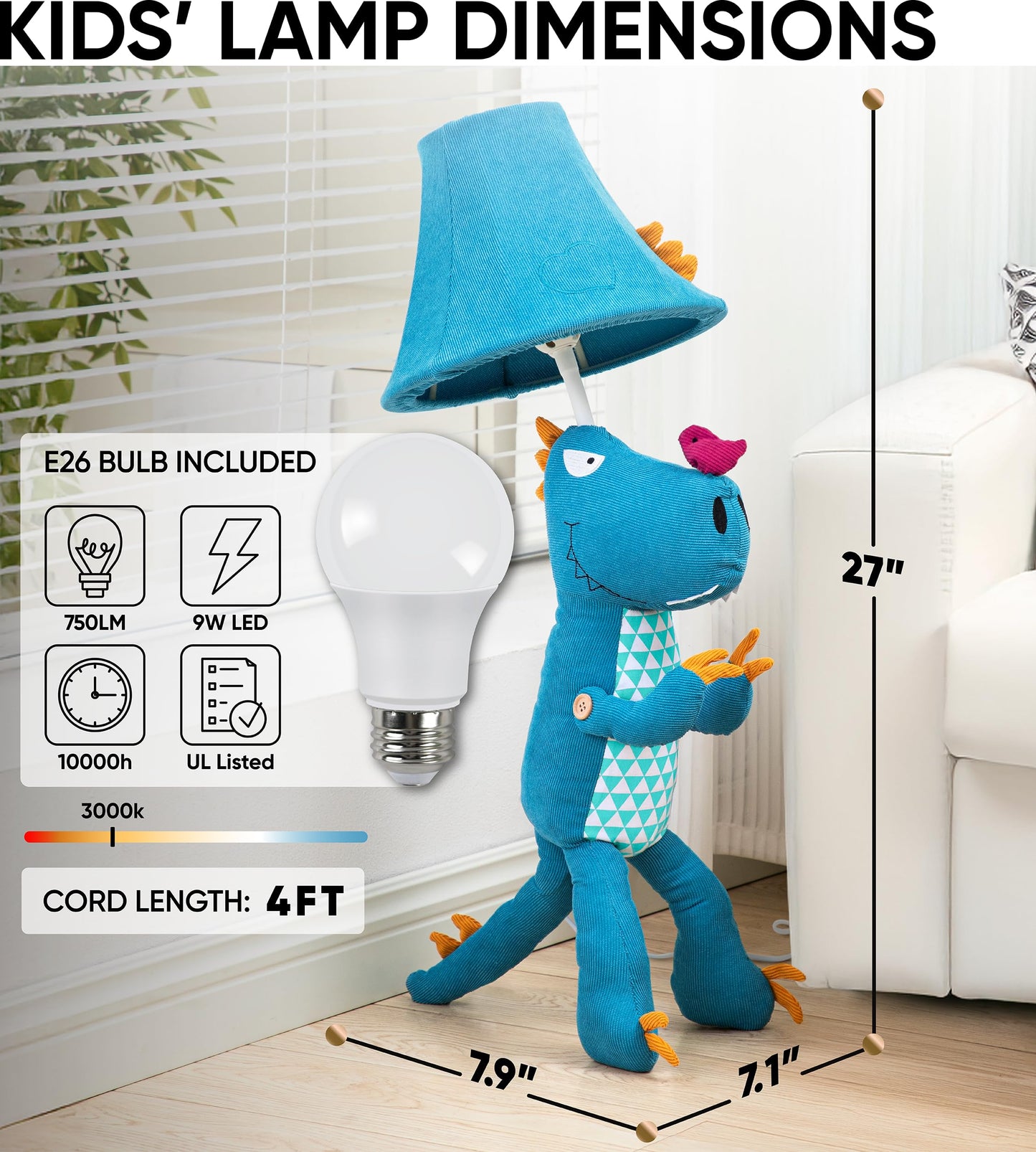 Dinosaur Kids Lamp for Boys Bedroom - 27", Boys Lamp for Kids Room - Cute Christmas Gifts, Birthday Gifts for All Ages: Toddler Girls, Children, Grandkids 3 4 5 and Up Years Old, Sister, Brother