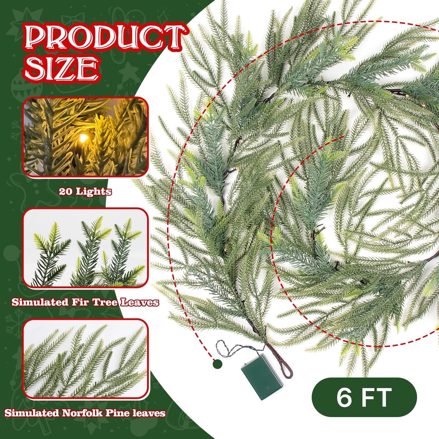 MINDELF 6 FT Artificial Christmas Norfolk Pine Garland, Real Touch Pine Garland with 20 LED Lights, Mixed with Noble Fir, ‌Heavier and Larger, Timer, Perfect for Table Window Mantel Indoor Outdoor