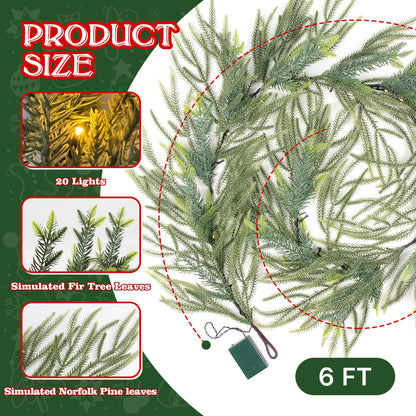 MINDELF 6 FT Artificial Christmas Norfolk Pine Garland, Real Touch Pine Garland with 20 LED Lights, Mixed with Noble Fir, ‌Heavier and Larger, Timer, Perfect for Table Window Mantel Indoor Outdoor