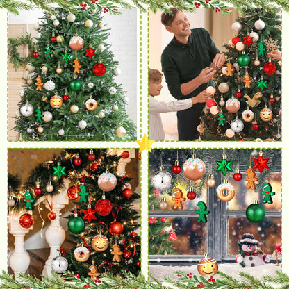 Syhood 40 Pcs Gingerbread Man Christmas Ball Ornaments 2.4 Inch Gingerbread Christmas Decorations Shatterproof Red Green Gold Candy Donut Xmas Baubles for Tree Home Wreath Holiday Office Indoor Decor