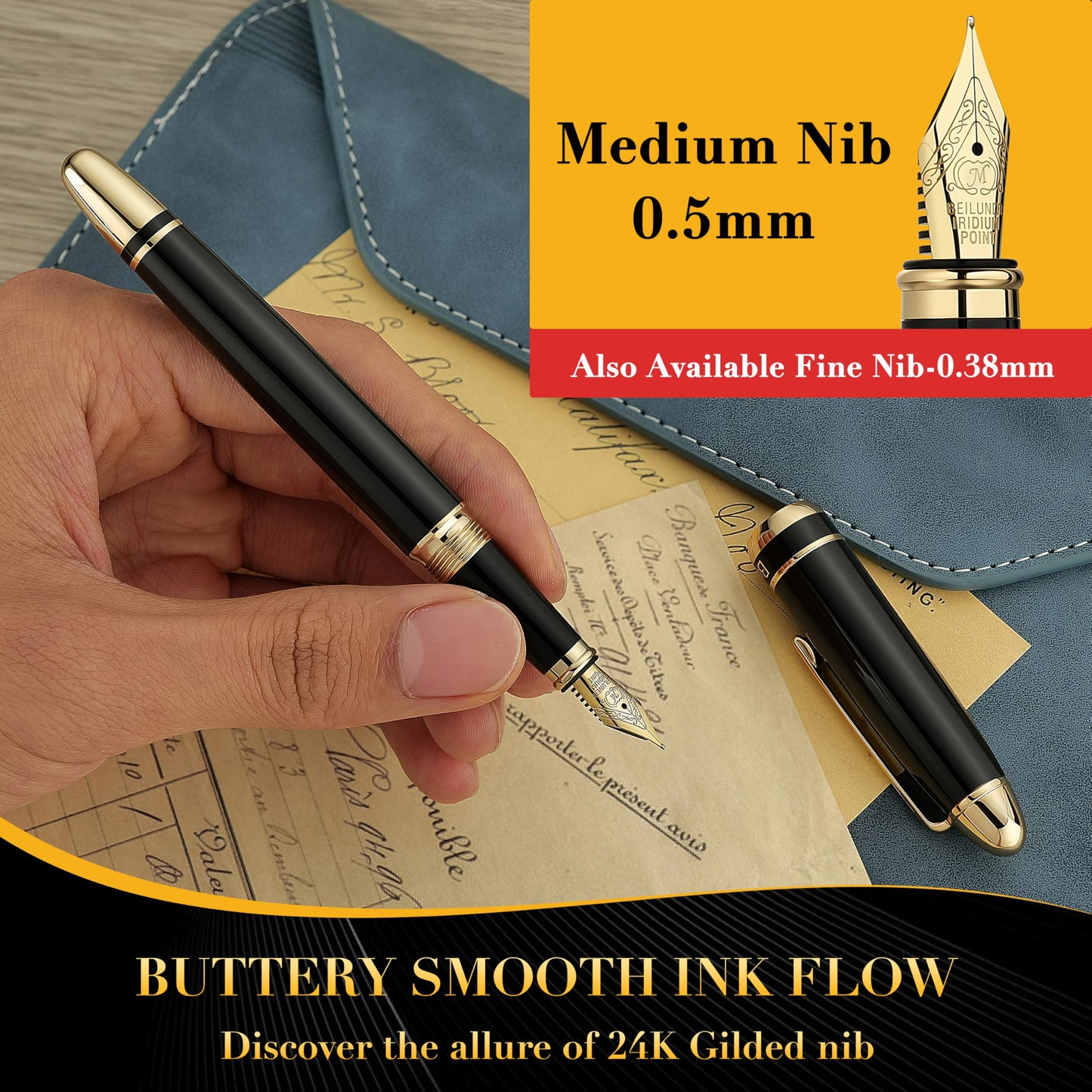 BEILUNER 315 Black Fountain Pen,Stunning Luxury Pens with 24K Gold Accents, Gorgeous 24K Gilded Nib(Medium), Ink Converter,Fancy Pen Gift for Men&Women-Elegant, Office, Reliable, Nice Design