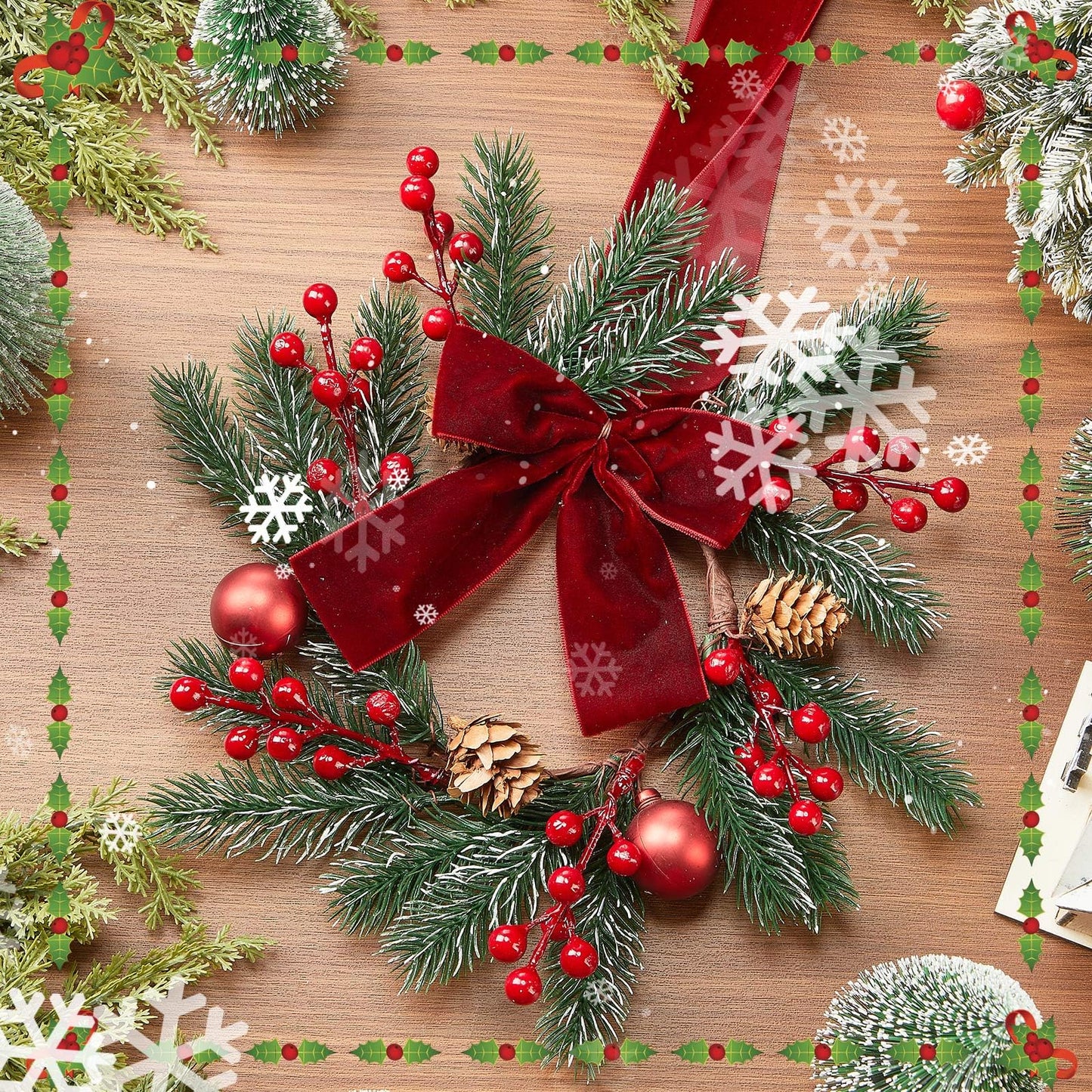 Maysing 6 Pcs 9.8" Small Christmas Wreath with Ribbon Mini Kitchen Cabinet Wreath Christmas Berry Pine Bow Decorations for Xmas Chair Back, Front Door, Window, Wall Farmhouse Decor(Red,Classic)