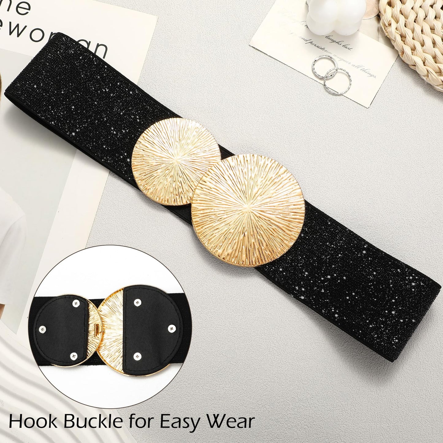 VONMELLI Wide Stretchy Belts for Women Dresses Elastic Waist Cinch Black Womens Belt with Gold Buckle, S