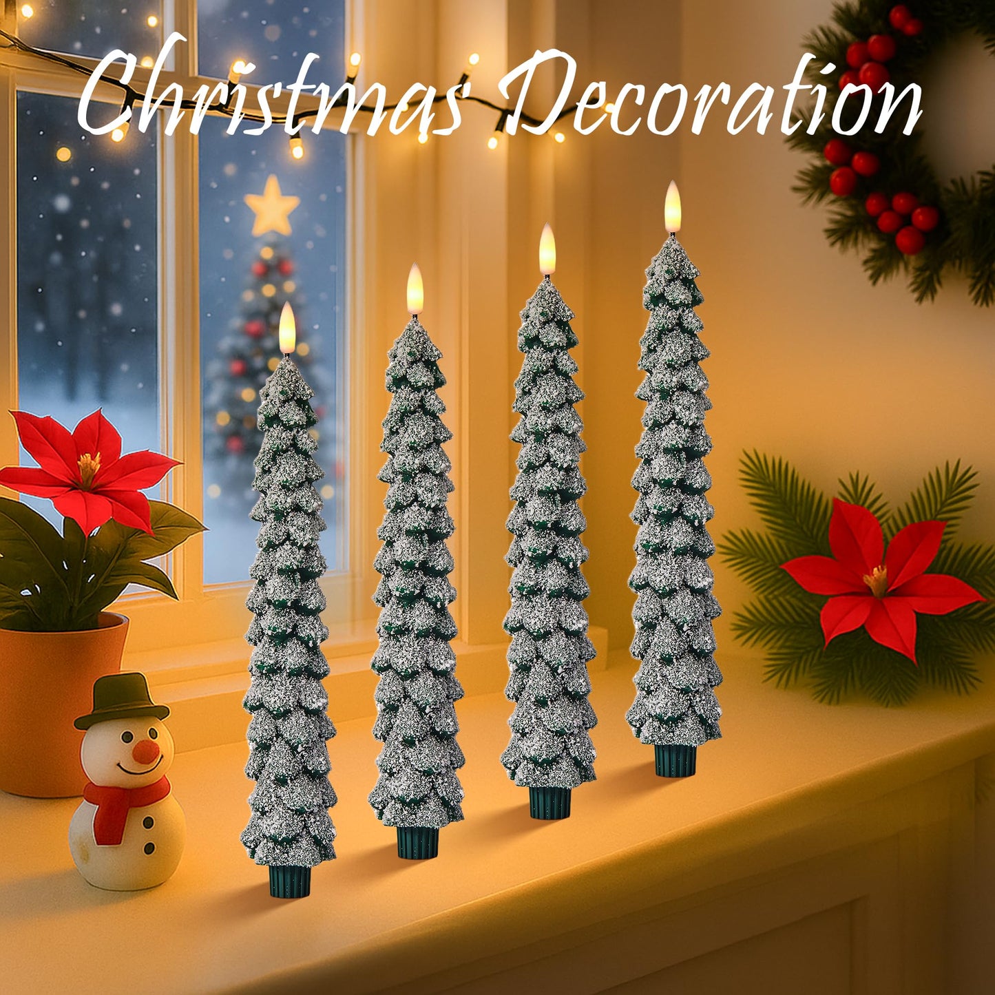 Velsyn 4 Pack Christmas Tree Candles Covered in Snow with Remote, 11 Inch Real Wax flameless Taper Candles, LED Candle Battery Operated with 3D Flickering Flame, Green Candlesticks Christmas Decor
