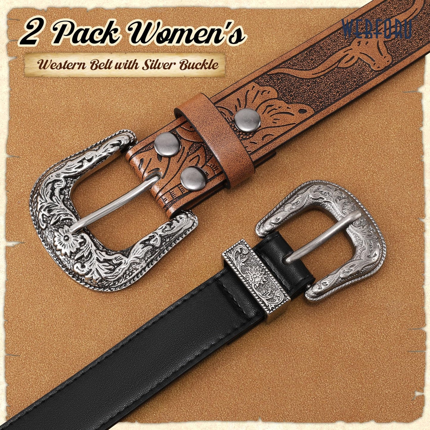 WERFORU 2 Pack Women Western Leather Belts for Jeans Western Belts with Big Buckle Country Belts for Cowgirls