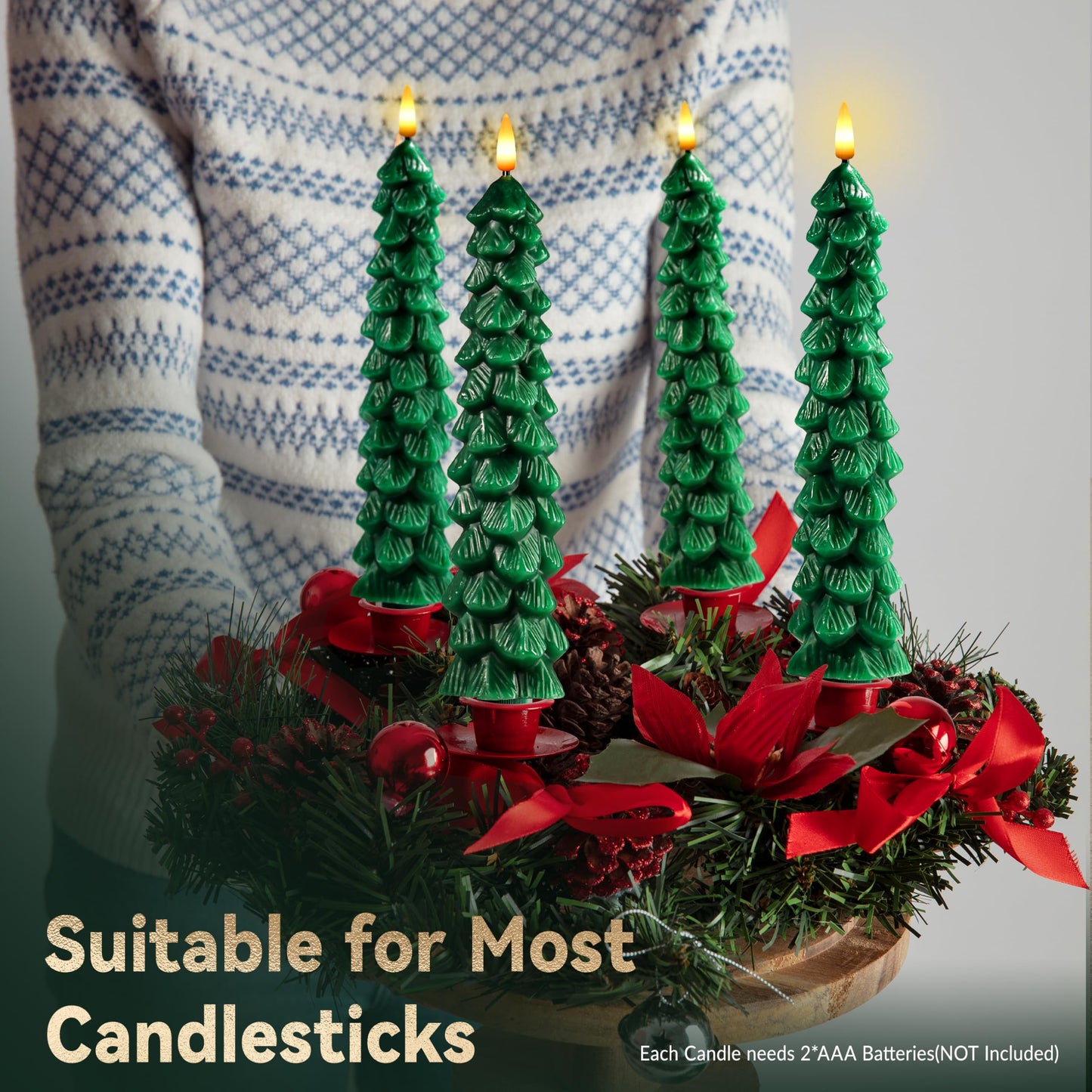 Sttokilly 4Pcs Christmas Tree Flameless Candles with Remote and Timer,LED Candles Battery Operated,Real Wax Window Candlesticks with Flickering 3D Flame for Christmas Decoration