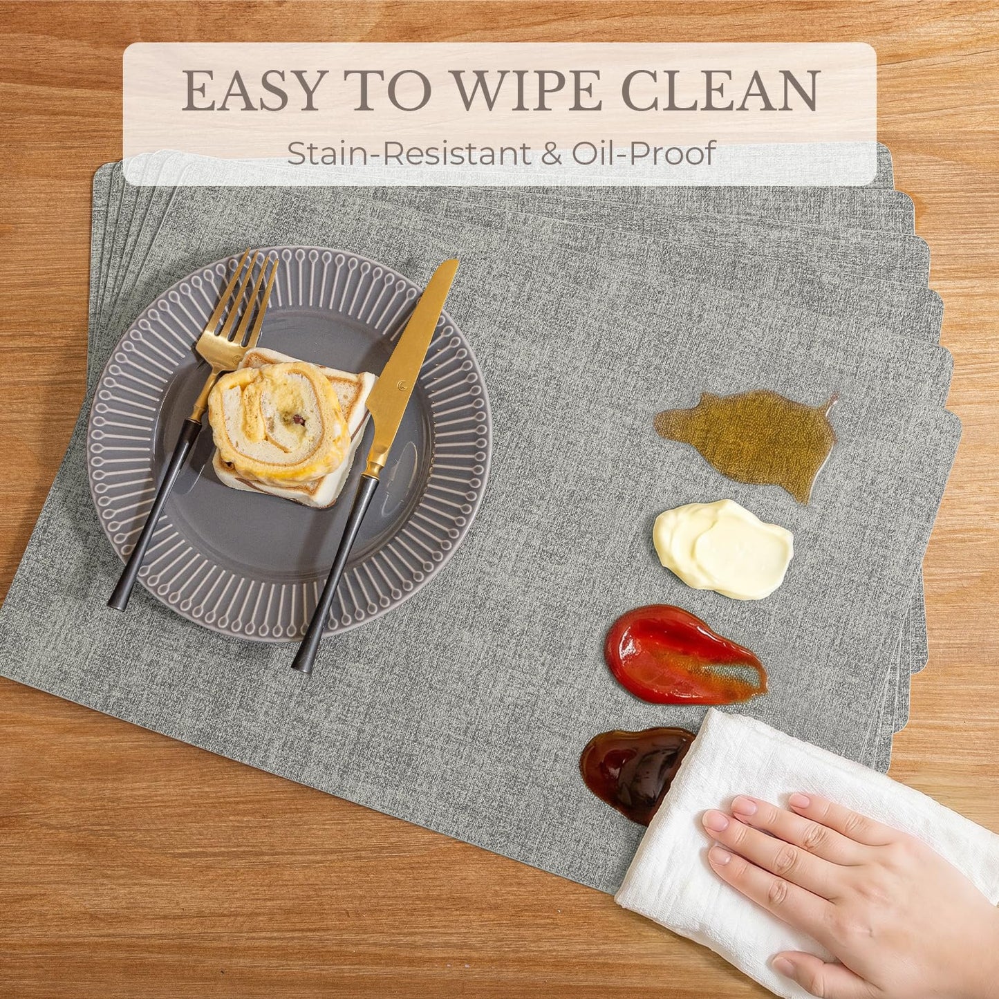 Romanstile Vinyl Placemats Set of 6-12 X 17 Inch - Faux Leather 100% Waterproof Wipeable Anti Slip Place Mats, Heat Resistant Reversible PU Table Mats for Kitchen Dining Party Outdoor, Light Grey