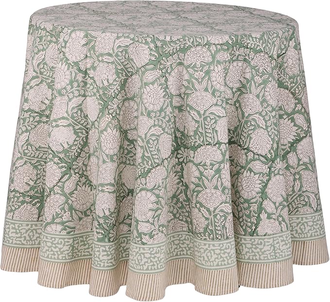 ATOSII Jade 100% Cotton Boho Round Tablecloth, Block Print Floral Table Cloth Linen for Dining, Parties, Weddings, Outdoors I Table Decor 72" Inches Diameter I