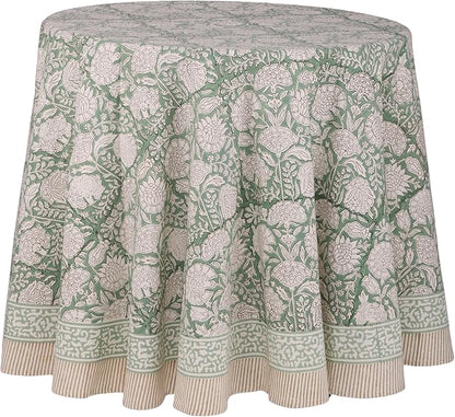 ATOSII Jade 100% Cotton Boho Round Tablecloth, Block Print Floral Table Cloth Linen for Dining, Parties, Weddings, Outdoors I Table Decor 72" Inches Diameter I