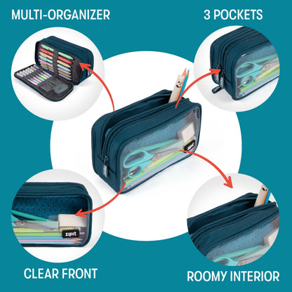 ZIPIT Half & Half Pencil Case | Large Capacity Pencil Pouch | Pencil Bag for School, College and Office (Teal)