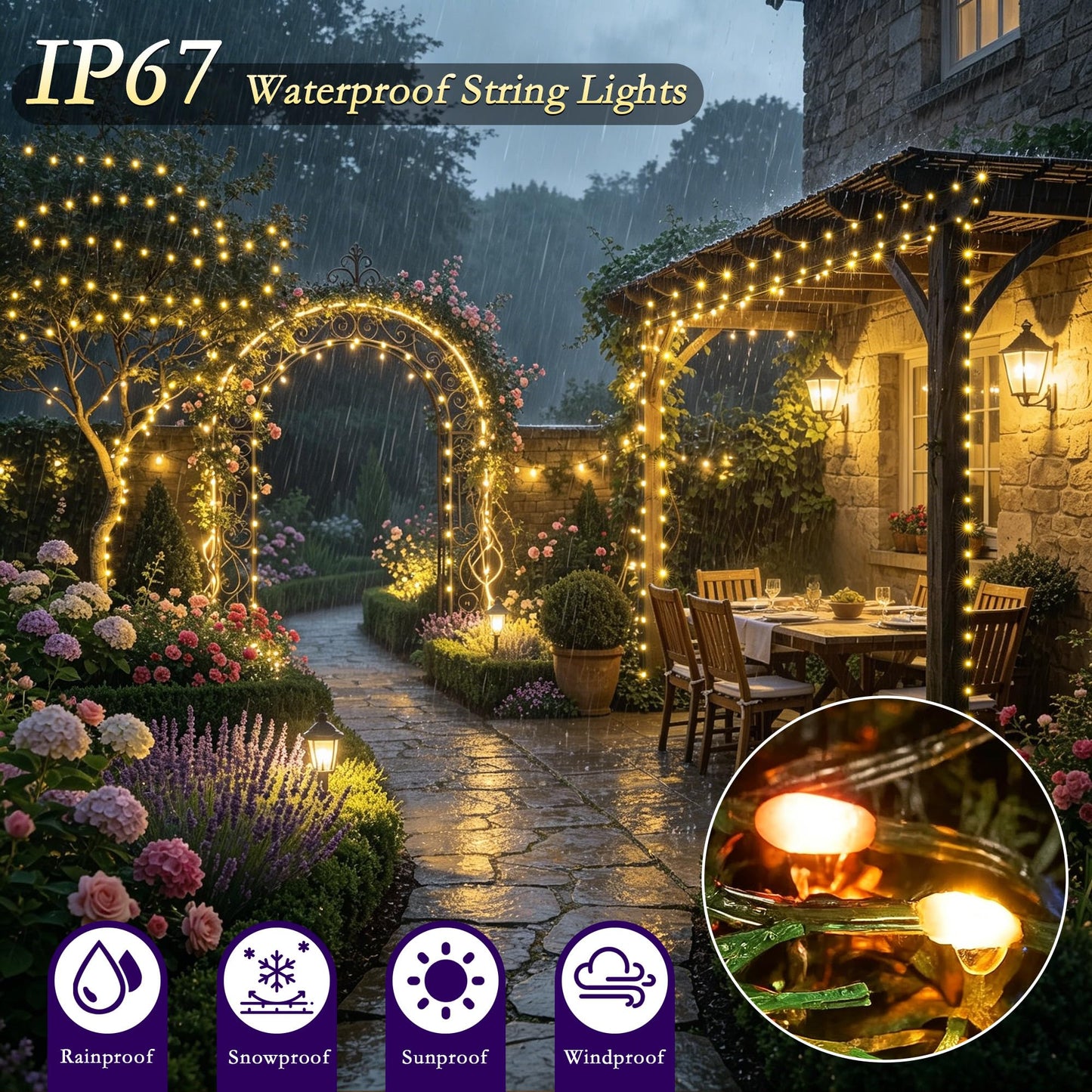 Soagrc 264FT 800LEDs Outdoor String Lights Plug in IP67 Waterproof Twinkle Lights with Remote 11 Modes Dimmable Warm White and Multicolor Color Changing for Backyard Summer Wedding Party Christmas