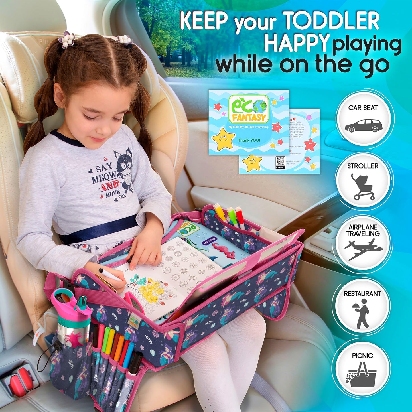 ECOFANTASY Kids Travel Tray - Waterproof Lap Table with No-Drop Large Tablet Holder - Car Seat Tray - Road Trip Essentials Kids - Car Desk Organizer for Airplane - Toddler Travel Essentials(MERMAID)