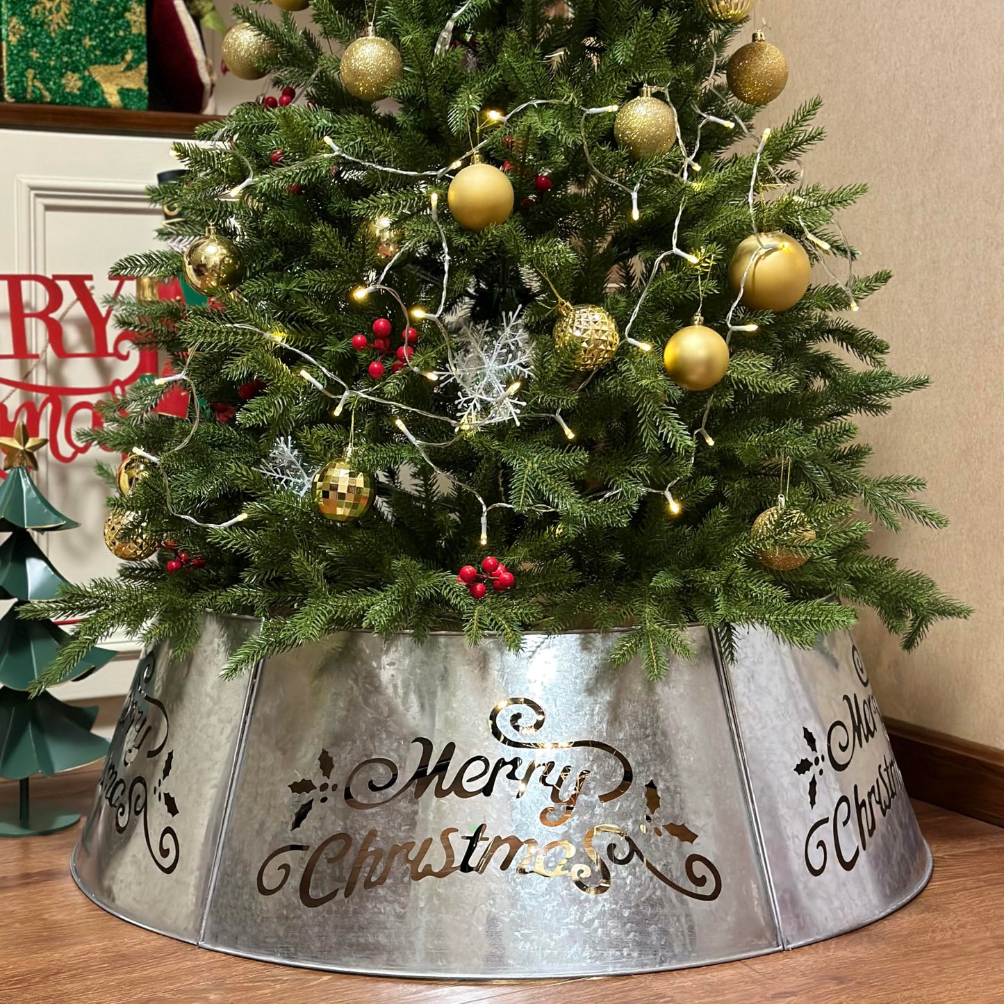 WKHOMEDECO 35.5" Large Metal Christmas Tree Collar - Christmas Tree Collars for Artificial Trees, Metal Tree Collar with Laser-Cut Merry Christmas Pattern,Extra Wide Adjustable & Pet-Safe (Galvanized)