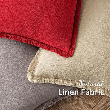 MIULEE Christmas Decorative Throw Pillow Covers Neutral Linen Fringe Throw Pillows Set of 2 Red Boho Farmhouse Cushion Covers with Tassels for Couch Sofa Bed Living Room Spring Home Decor 18x18 Inch