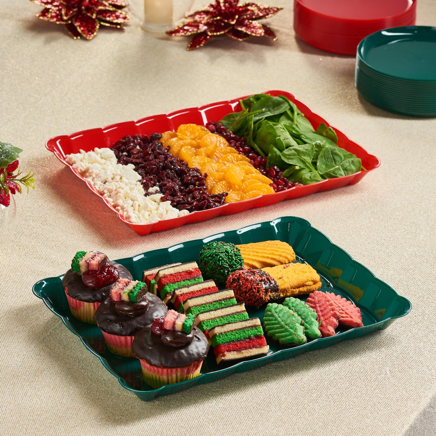 Plasticpro Plastic Serving Trays - Serving Platters Rectangle 9X13 Disposable Party Dish Includes 2 Green & 2 Red Christmas Trays