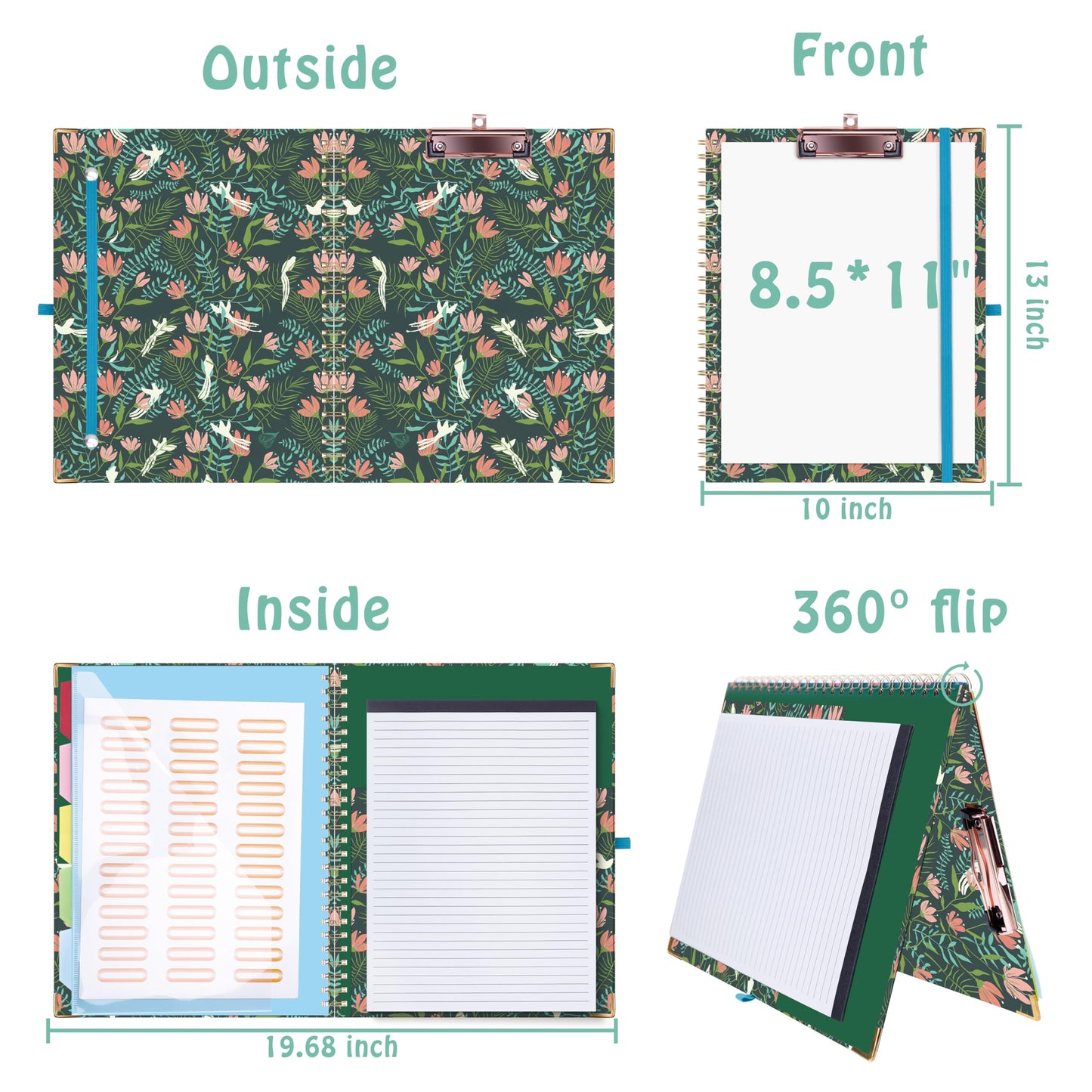 HAUTOCO Clipboard Folio with Refillable Notepad for Letter Size (11" x 8.5"), 5 Dividers with 10 Pockets, Elastic Pen Holder and File Folder Labels, Spiral Nurse Clipboard Artboard(Flower Bird)