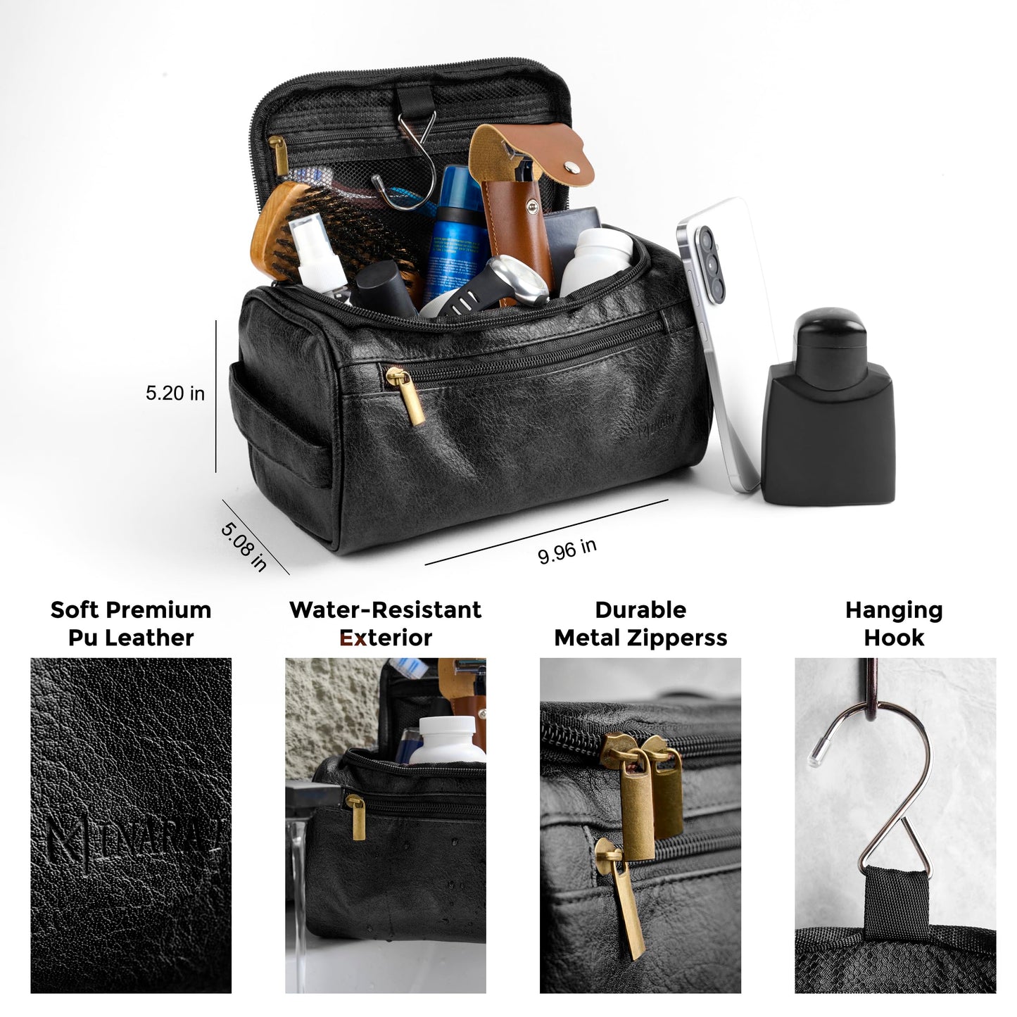 MINARAI Mens Toiletry Travel Bag with Razor Case & Dust Bag – Premium PU Leather Organizer with Hanging Design and Structured Storage – Mens Toiletry Bag for Travel, Gym, and Everyday Gift–BLACK