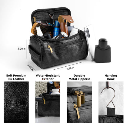 MINARAI Mens Toiletry Travel Bag with Razor Case & Dust Bag – Premium PU Leather Organizer with Hanging Design and Structured Storage – Mens Toiletry Bag for Travel, Gym, and Everyday Gift–BLACK