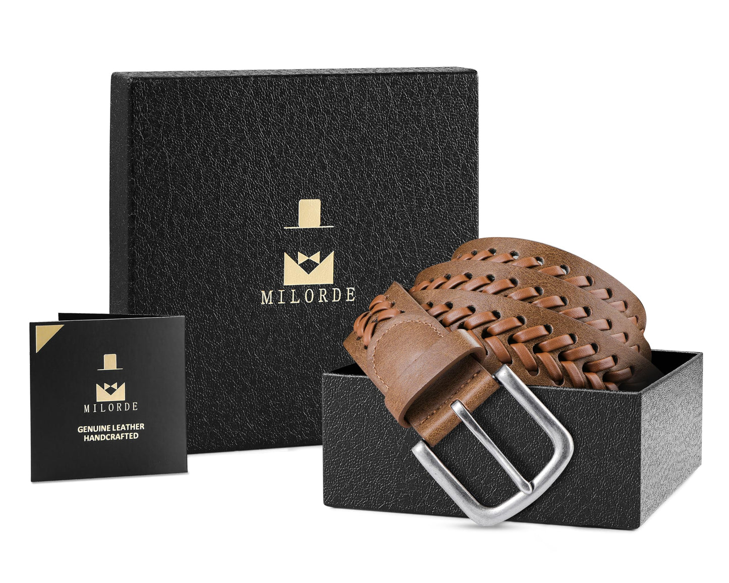 MILORDE Leather Braided Belts for Men, Handmade, Causal Woven Leather Jeans daily wear (X Tan, S 30-32")