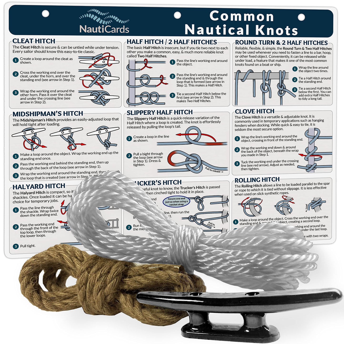 Deluxe Nautical Knot Tying Kit: Guide to 21 Knots, 6" Boat Cleat, and Rope
