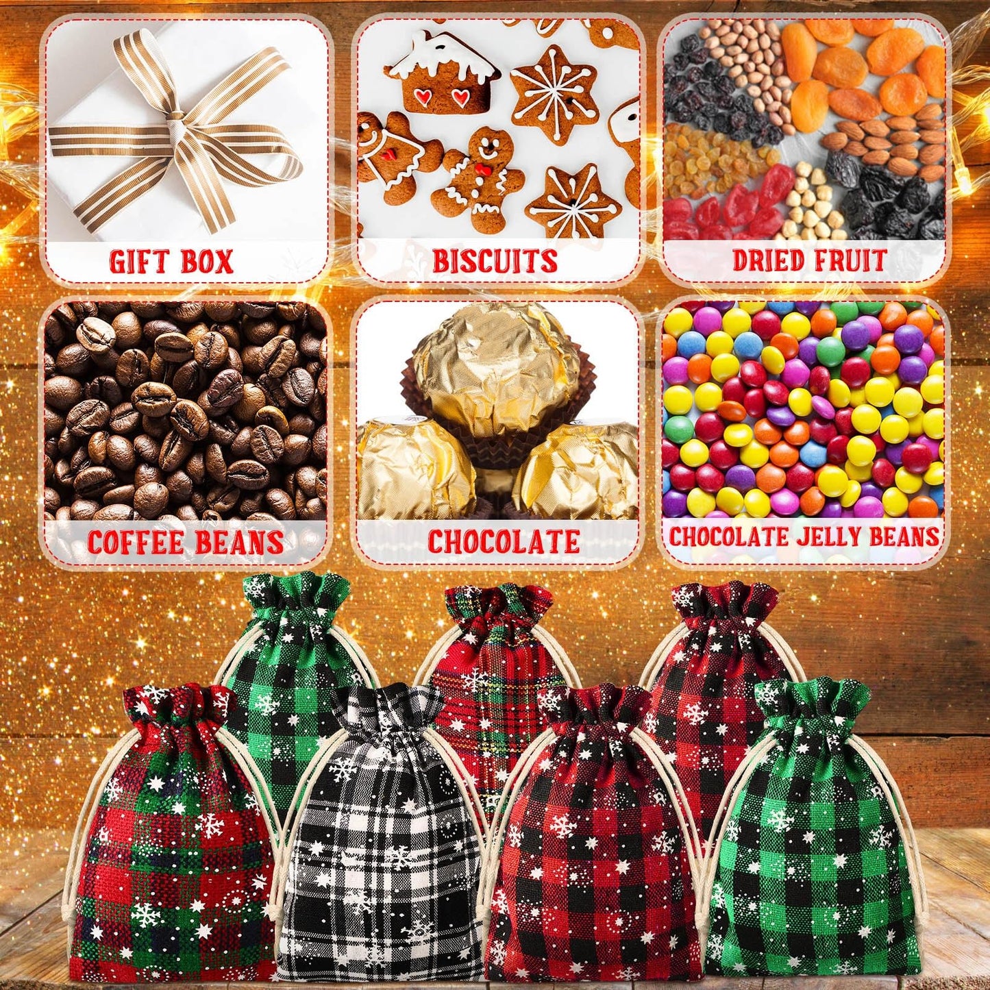 Shappy 25 Pieces Christmas Drawstring Bags 4 x 6 Inch Small Xmas Buffalo Plaid Bags with Snowflake Pattern Linen Cloth Gift Treat Bag for Christmas Holiday Party Favor