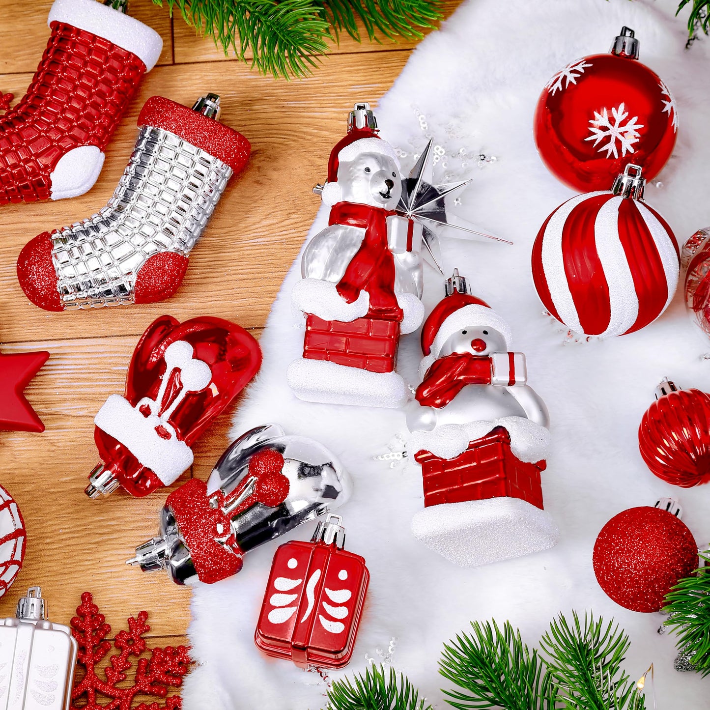 Alupssuc 112pcs Christmas Balls Ornaments Set, Shatterproof Plastic Baubles Christmas Penguin, Polar Bear for Xmas Tree Holiday Wedding Party Decorations with Hanging Strings, Red, Silver and White