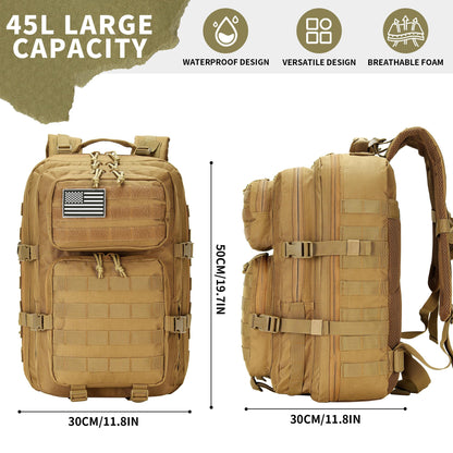 HongXingHai 45L Military Tactical Backpacks 3 Days Assault Pack Bag Fitness Rucksack 3 Day Bug Out Bag Hiking Treeking Molle Daypack (Khaki)