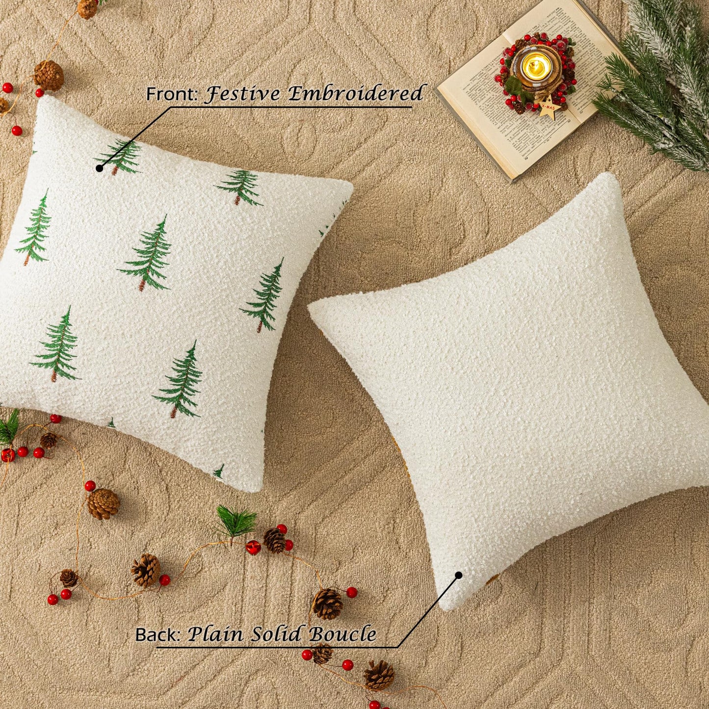 SINYASAN 1 Pack Christmas Tree Throw Pillow Covers 18"x18" White Boucle Pillow Cases with 3D Embroidery Decorative Holiday Winter Thanksgiving Decorations for Couch Sofa Living Room
