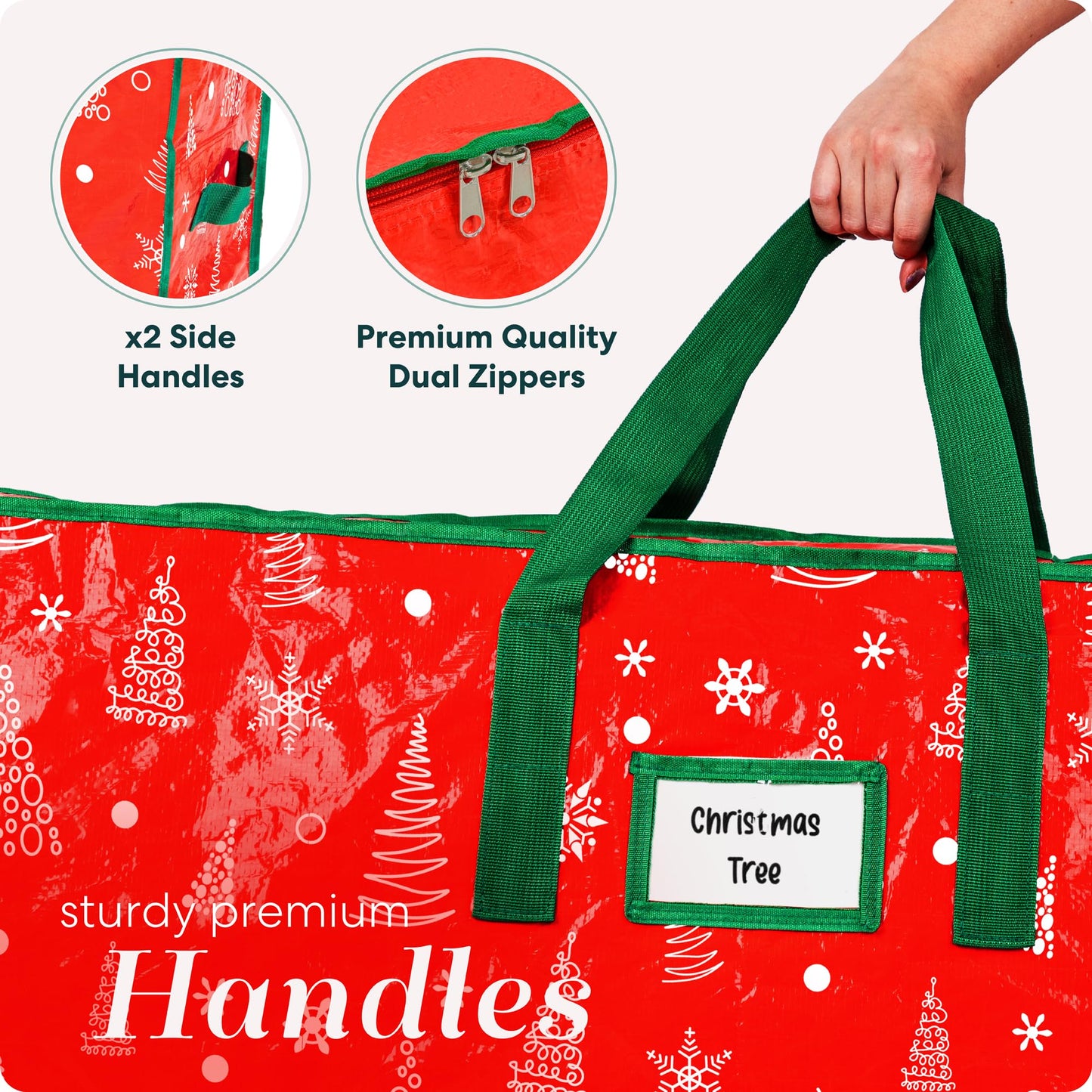 Christmas Tree Storage Bag - Stores 9 Foot Artificial Xmas Holiday Tree, Durable Waterproof Material, Zippered Bag, Carry Handles - Protects Against Dust, Insects and Moisture (Red Printed)