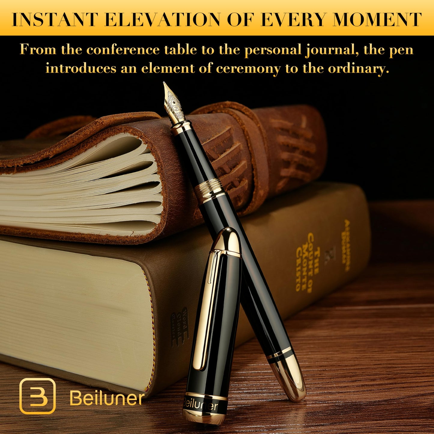 BEILUNER 315 Black Fountain Pen,Stunning Luxury Pens with 24K Gold Accents, Gorgeous 24K Gilded Nib(Medium), Ink Converter,Fancy Pen Gift for Men&Women-Elegant, Office, Reliable, Nice Design