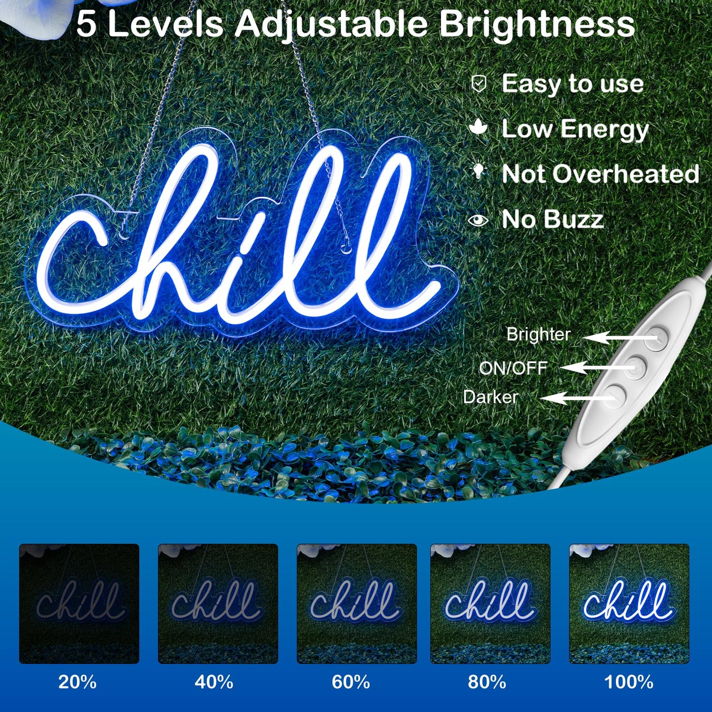 Wanxing Chill Neon Sign Blue Led Sign Chill Neon Wall Sign 14'' x 7'' Led Word Lights for Wall Decor Neon Light for Bedroom USB Powered Switch Light up Sign for Bar Hotel Game Room