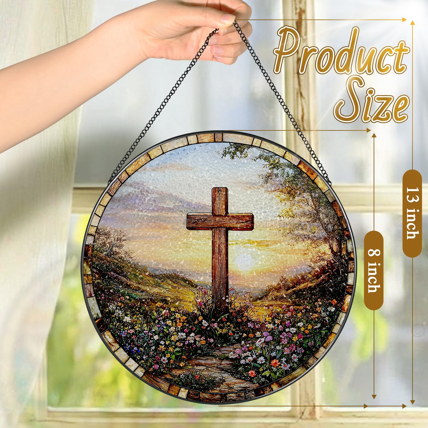 LAOWEIKI 8 Inches Cross Sunset Stained Glass Suncatcher, Christmas Ornament, Window Hanging Decor, Christian Home Decor, Christian Gift, Religious Gift, Gifts for Christmas