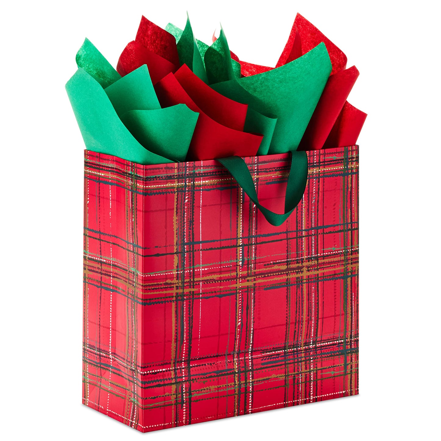 Hallmark Signature 12" Extra Large Square Christmas Gift Bag with Tissue Paper (Red Plaid with Bow and Jingle Bell)