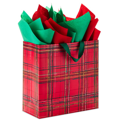 Hallmark Signature 12" Extra Large Square Christmas Gift Bag with Tissue Paper (Red Plaid with Bow and Jingle Bell)