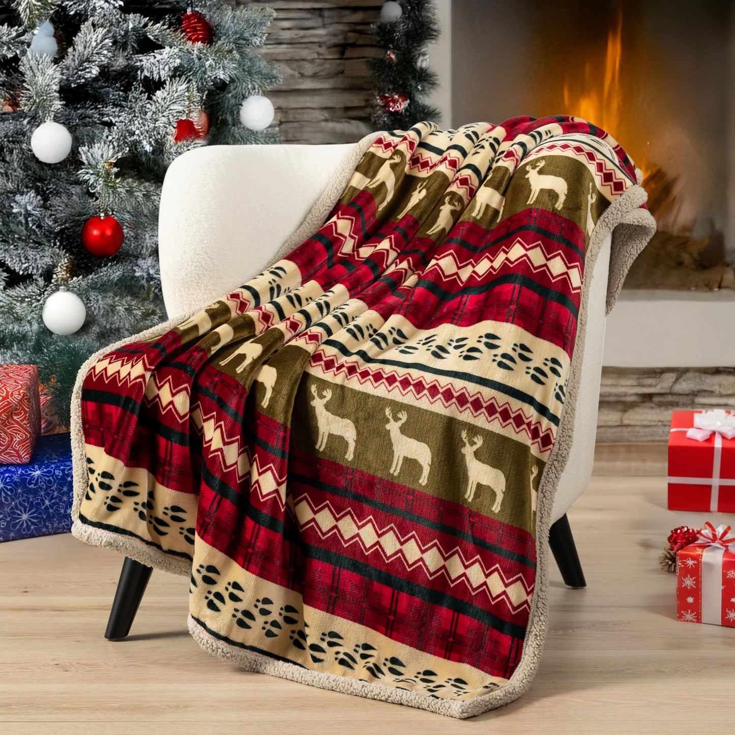 PAVILIA Premium Christmas Sherpa Throw Blanket, Green Red Cabin Design with Reindeer Print, Ultra Soft Reversible Fleece & Sherpa 50x60 Cozy Winter Blanket, Cozy Christmas & Holiday Decor
