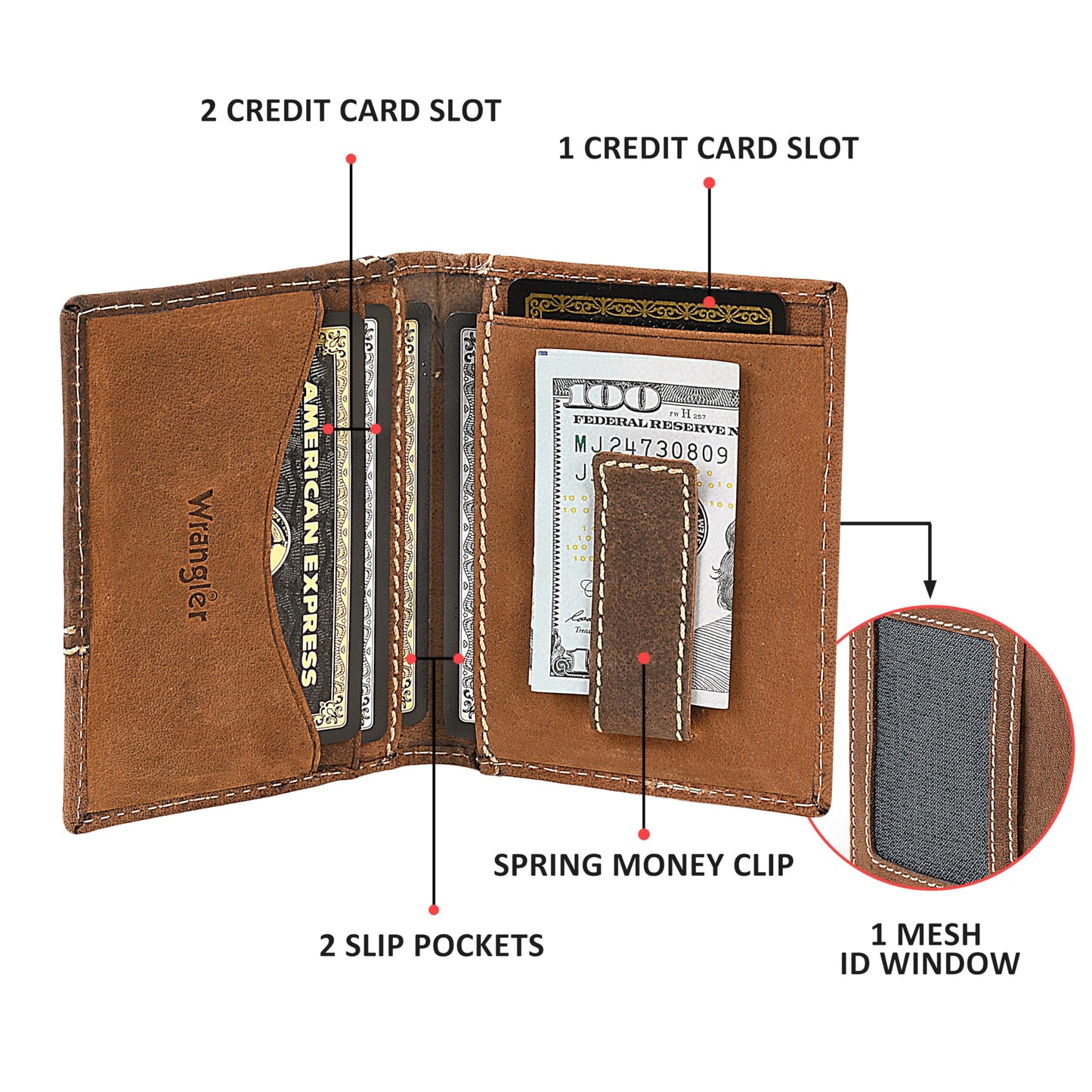 Wrangler Men's Bifold Wallet with Money Clip & ID Window, RFID Blocking, Genuine Leather, Minimalist, Gift for Him