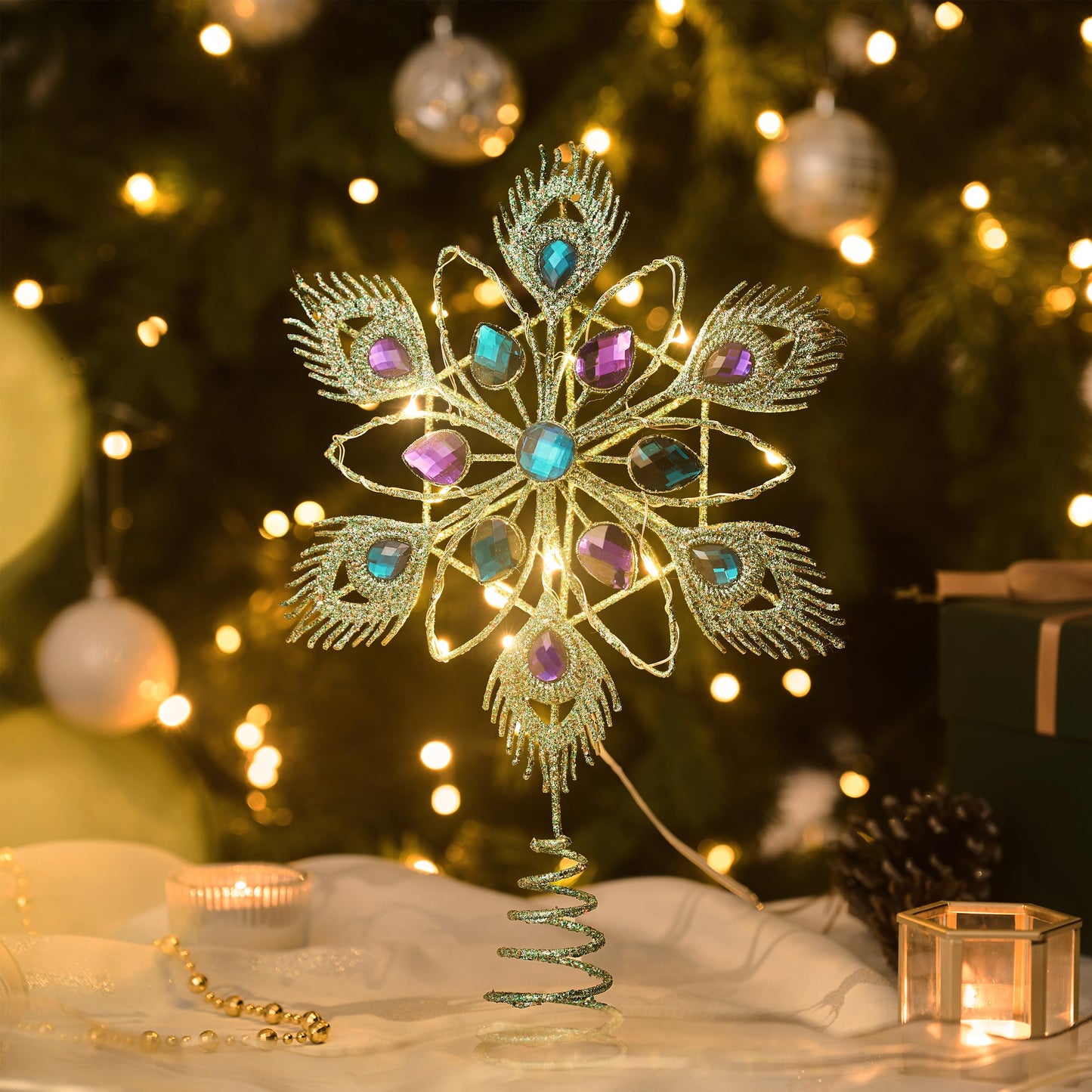 Valery Madelyn Lighted Christmas Tree Topper Star with Timer for Tree Decorations, 13 Inch Blue and Silver Metal Star Tree Topper Snowflake Peacock Feather Jewel with Lights for Mardi Gras Decoration