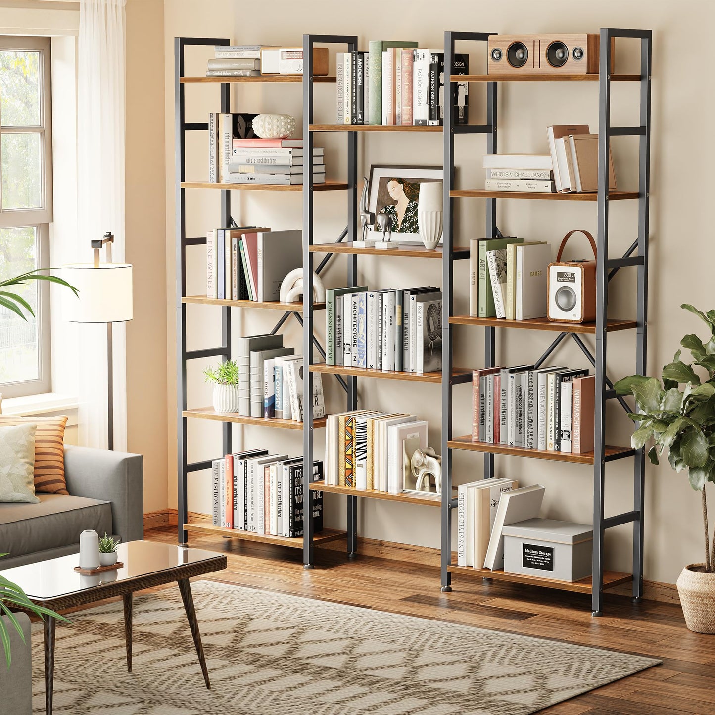SUPERJARE Triple Bookshelf, Bookcase with 14 Open Display Shelves, Wide Book Shelf Book Case for Home & Office, 5 Tier, Brown