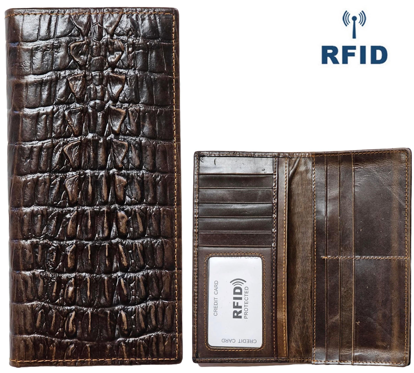 AurexaFashion Genuine Leather Bifold Long Wallet for Men, Retro Vintage Embossed Clutch with Zipped Coin purse & Credit card Slots. RFID Blocking. Crocodile Tail- Coffee
