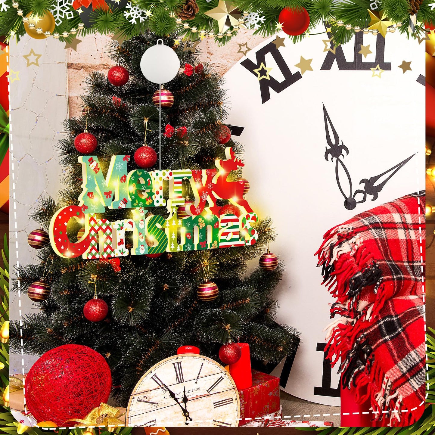 VIHOSE Merry Christmas Wooden Sign with LED Light 11" Merry Christmas Sign Xmas Hanging Ornaments LED Farmhouse Wooden Decorations for Holiday Indoor Outdoor Wall Window Home