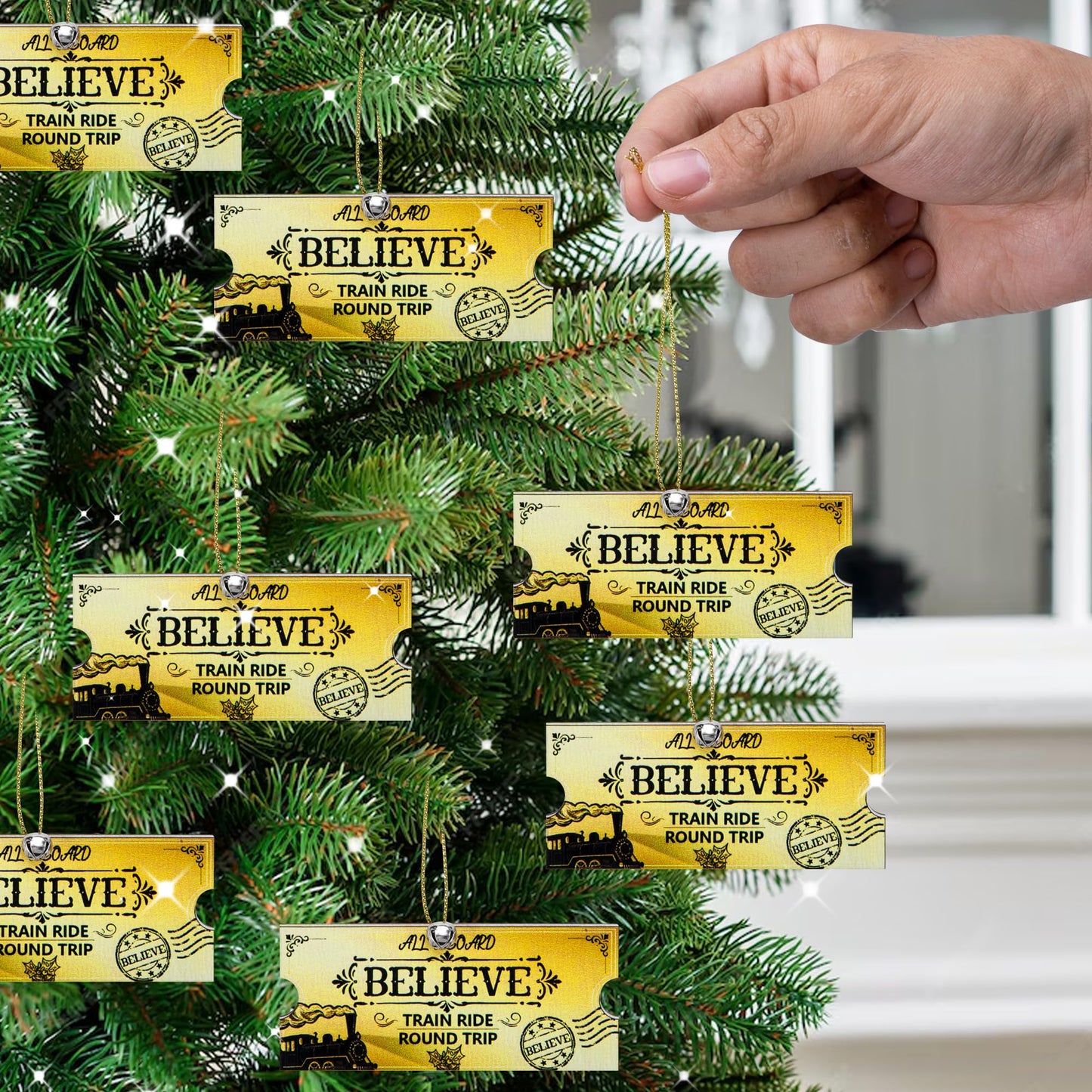 Mizelu 30 Set Christmas Polar Golden Wooden Tickets, North Pole Train Ticket Ornaments with Bells and Ropes, Christmas Believe Train Decoration for Xmas Holiday Party Favor Supplies (Golden)