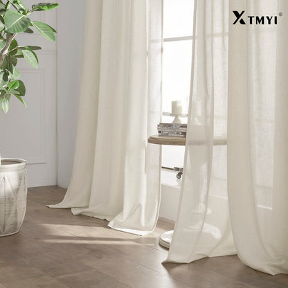 XTMYI Linen Cotton Farmhouse Curtains for Living Room Bedroom 84 Inches Long Two Sheer Hook Belt Pleated Back Tab Birch Off White Ivory Neutral Boho Sour Cream Curtain Drapes 84 Length 2 Panels Set