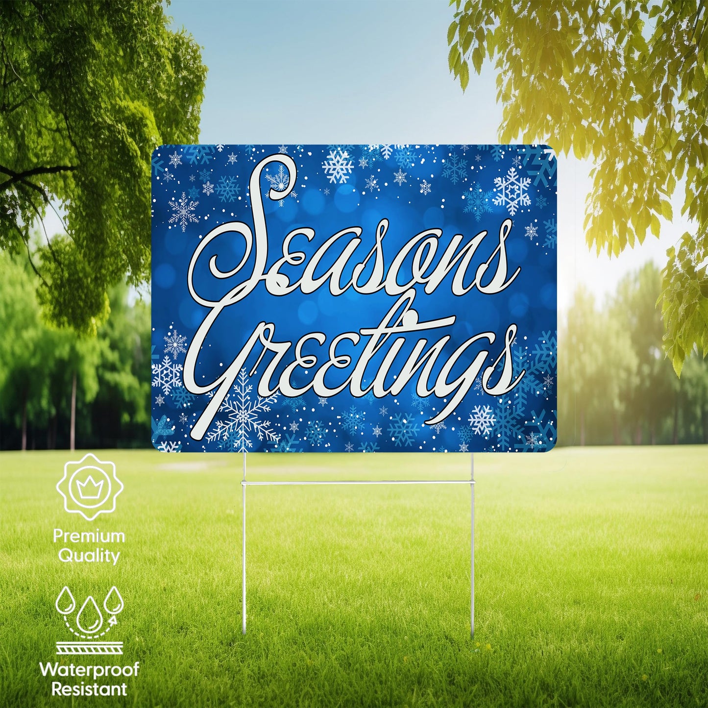 Seasons Greetings Blue Christmas Classic Yard Sign for Home Decor and Lawn Decoration With Stakes, Merry Christmas Sign 17x13 Inch