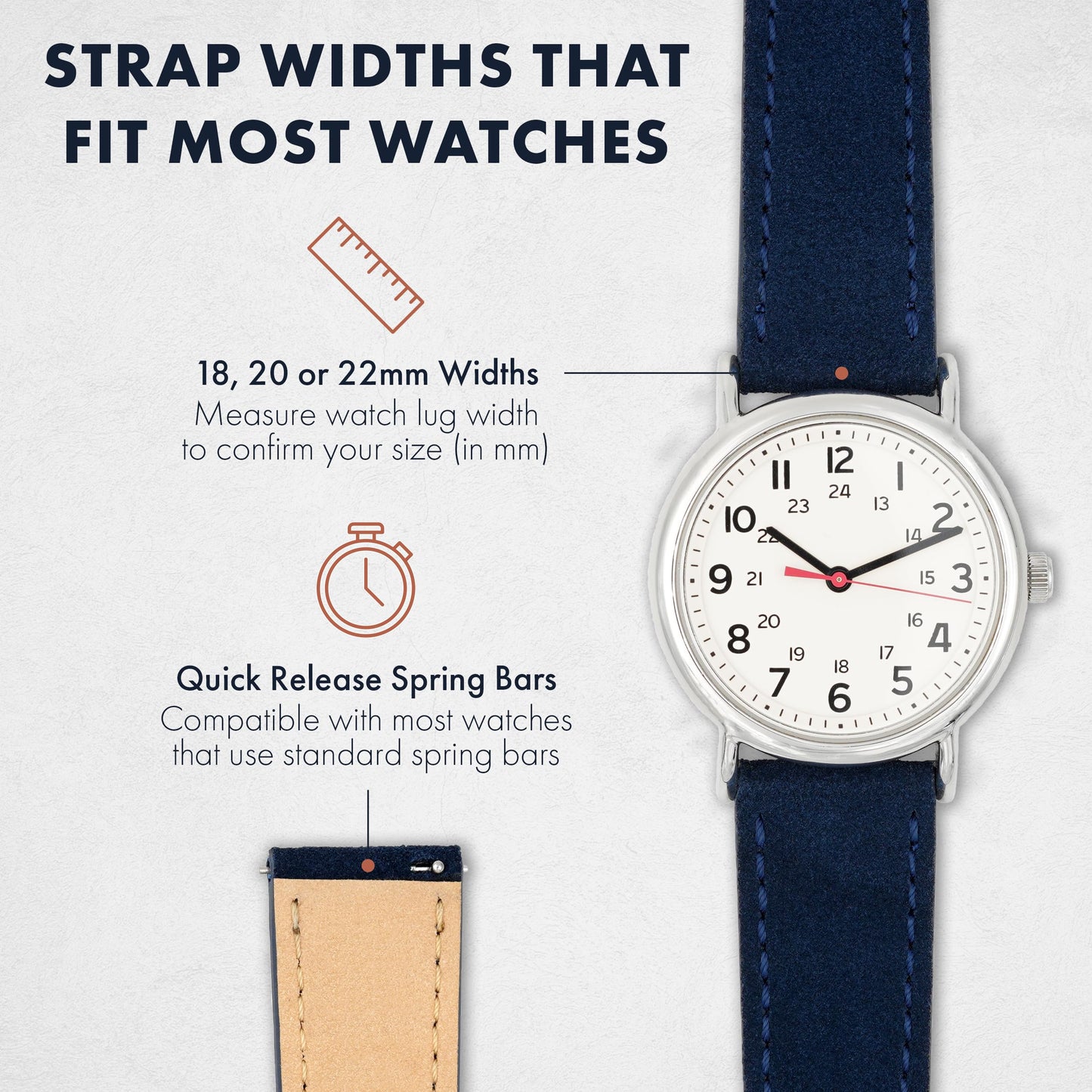 Benchmark Suede 22mm Leather Watch Band – 22mm Quick Release Watch Band with Stainless-Steel Buckle & 9 Adjustable Holes – Blue Leather Watch Bands for Men & Women (22mm, Navy Blue)