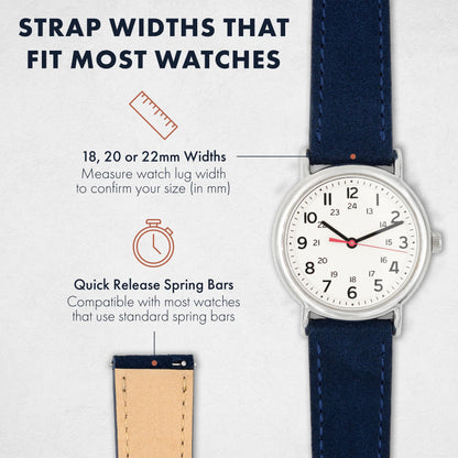 Benchmark Suede 22mm Leather Watch Band – 22mm Quick Release Watch Band with Stainless-Steel Buckle & 9 Adjustable Holes – Blue Leather Watch Bands for Men & Women (22mm, Navy Blue)